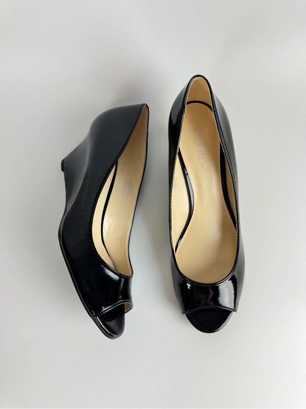 Nine West Black Patent Peep Toe Wedge Pumps